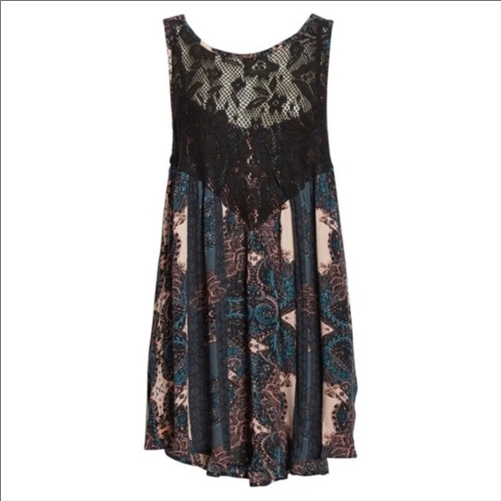 .Free People top Count Me In Trapeze babydoll dress top lace trim black blue S - Picture 7 of 12